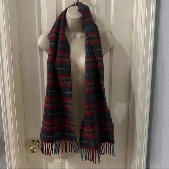 Vintage Edinburgh Pure Wool Scarf Red Tartan Plaid Fringe 61” Made UK Holiday - Picture 10 of 11